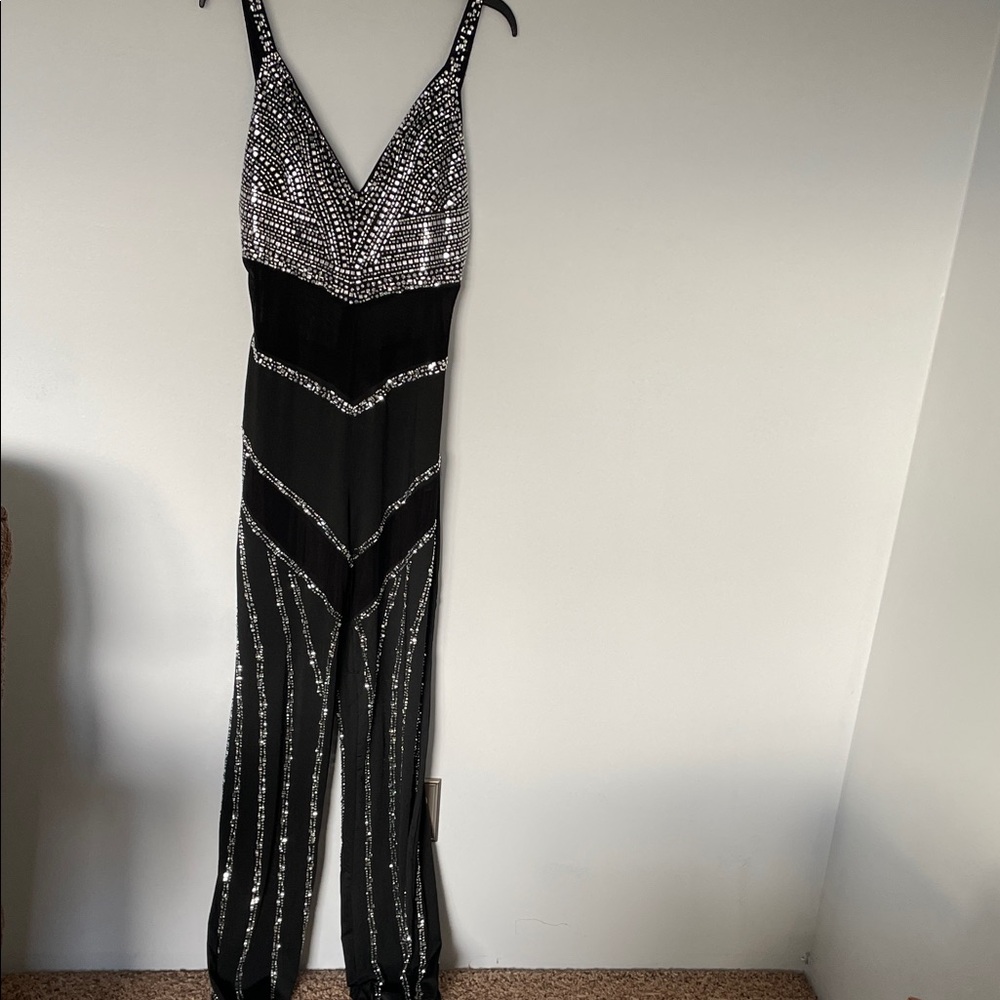 Stunning Black Jumpsuit with Glitzy Silver Beading.   Knockout!
